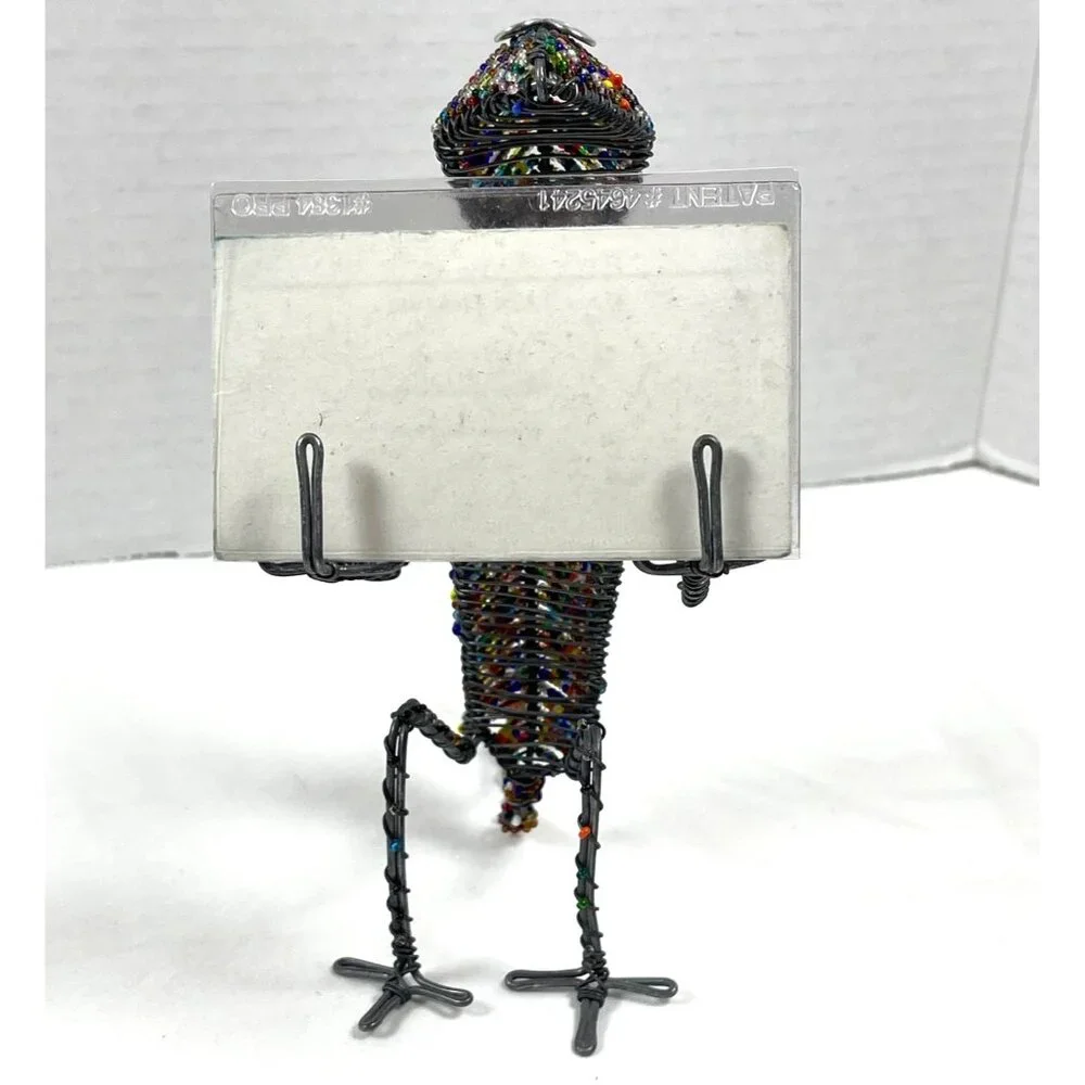 South Africa Handmade Glass Bead Wire Chameleon Lizard Card Pen Holder Vintage - Picture 8 of 10